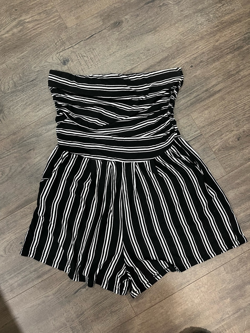 Woman’s Black & White Strapless Stripe One-Piece Romper